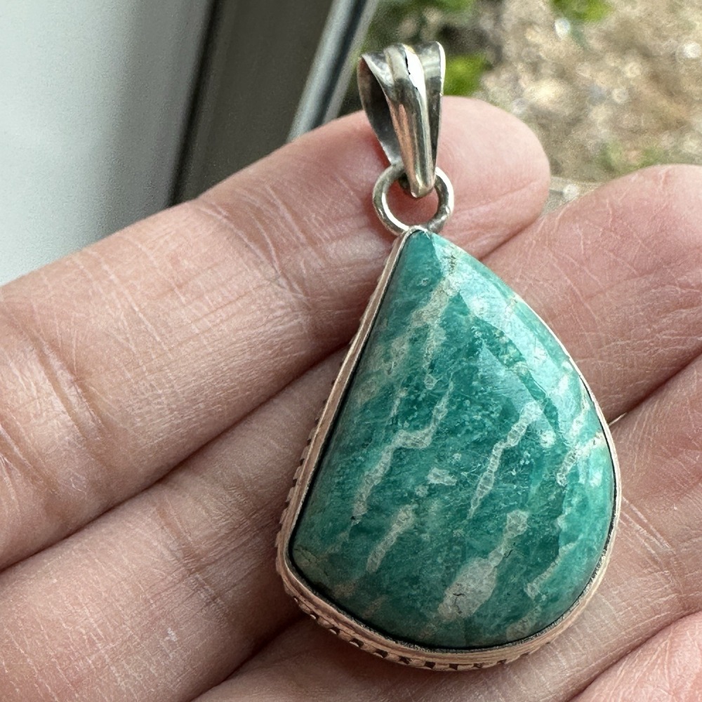 Vintage Artisan Pendant 1.625 Inch Blue Green Banded Amazonite 925 Sterling 9.0g - Picture 6 of 9